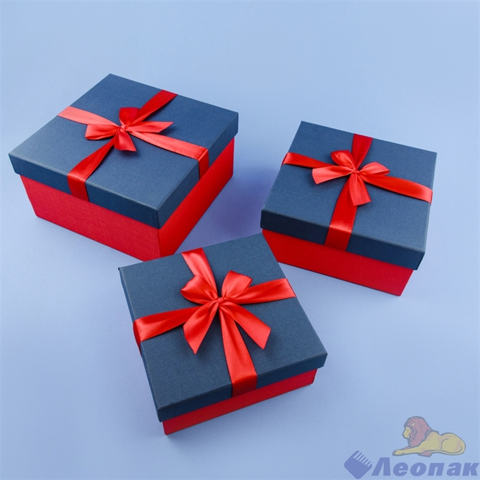 Набор подарочных коробок 3в1 с бантом (210*210*110) Квадрат синий/красная, лента красная - фото 18472
