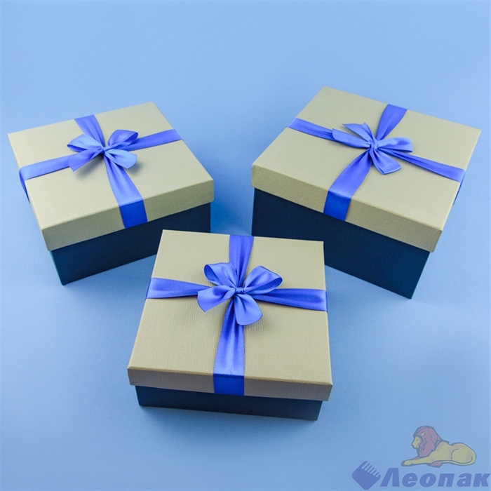 Набор подарочных коробок 3в1 с бантом (210*210*110) Квадрат светло-серый/синий, лента синяя - фото 18477
