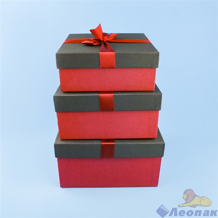Набор подарочных коробок 3в1 с бантом (210*210*110) ЛЕН черный тисн.бумага/бордовый, лента бордо - фото 21531