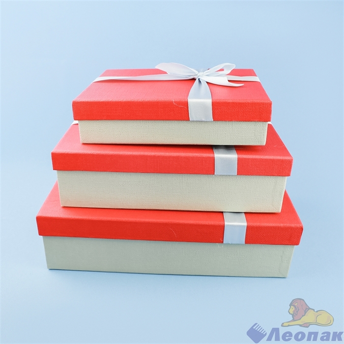 Набор подарочных коробок 3в1 с бантом (290*190*80) РОГОЖКА прямоугольник красный/светло серый-лента - фото 21540