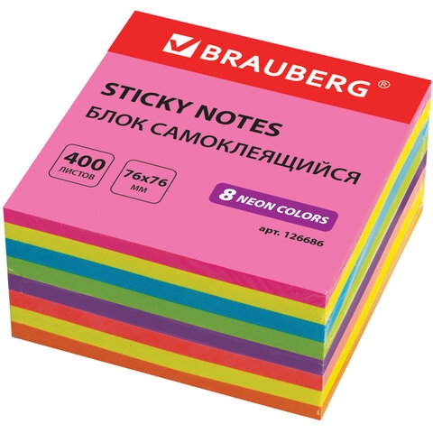 Блок самоклеящийся (стикеры), BRAUBERG, НЕОНОВЫЙ, 76х76 мм, 400 листов, 8 цветов, 126686(Под заказ, срок поставки 3-5 дней) - фото 29232