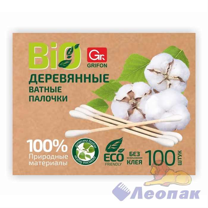 Ватные палочки ЭКО Grifon на деревянной основе (100шт/1уп/30уп) 304-004/1