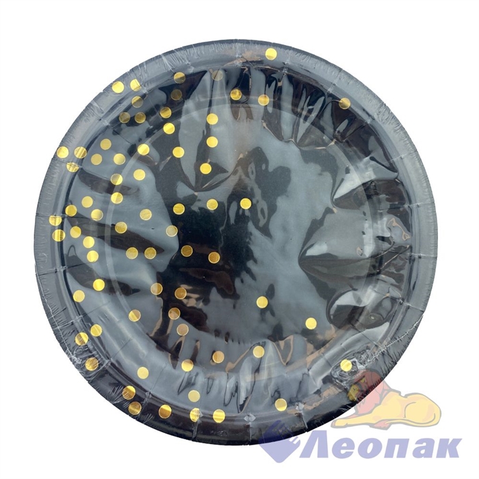 Тарелка картонная d=230мм черная, горох с золотом (10шт/20уп) Т336