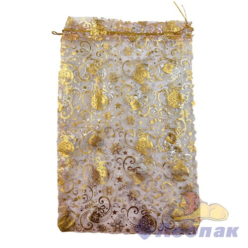 N29 Пакет органза 20x30 Новогодние игрушки розовый/золото (50шт/1уп) НГ