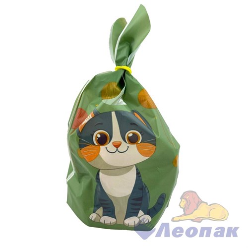 P146 Пакет с ушками 16х27х3см КОТИК зеленый (50шт/1уп)