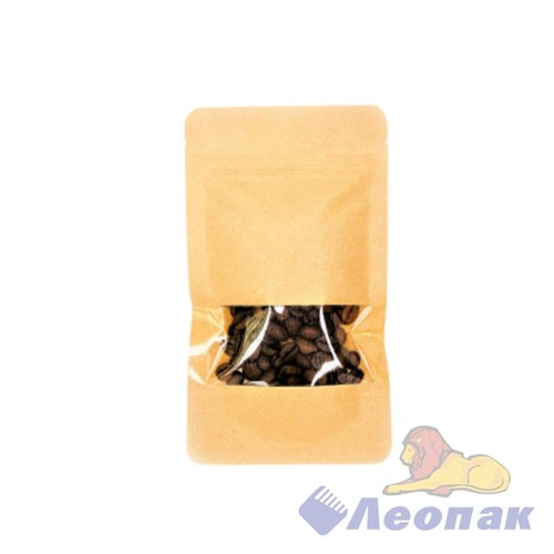 Пакет №4 бумажный ДОЙ-ПАК 105х185 (35+35) КРАФТ С ОКНОМ 40мм с замком zip-lock (100шт/600шт)