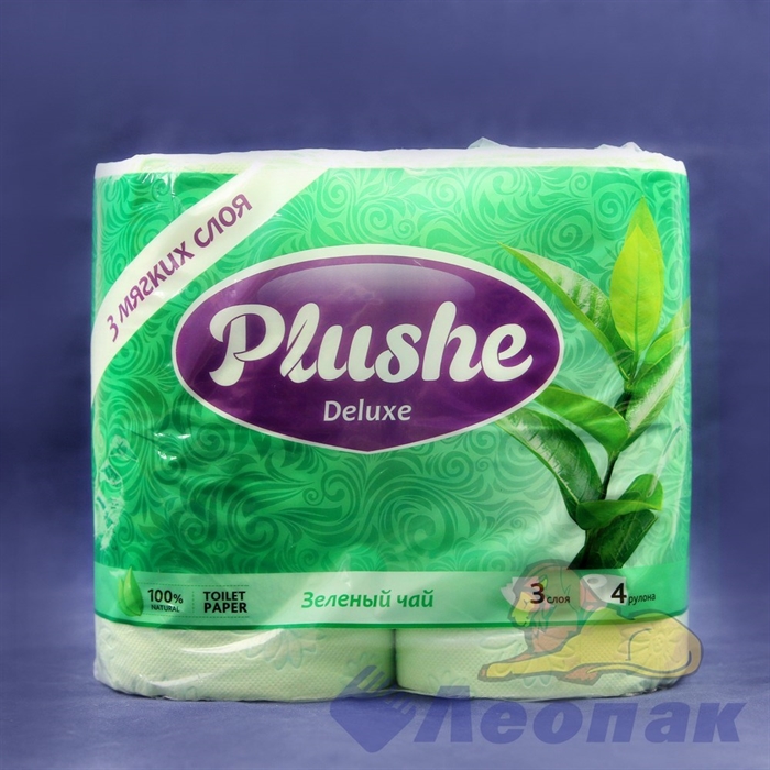 Бумага туалетная  PLUSHE Deluxe  Зеленый чай 3-х сл. (4шт/10уп) - фото 9045