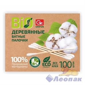 Ватные палочки ЭКО Grifon на деревянной основе (100шт/1уп/30уп) 304-004/1