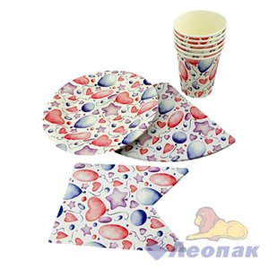 Набор бумажной посуды одноразовый ШАРЫ (6 тар., 6 ст., 6 колпаков, 1 гирлянда) (50 уп) Ф-007