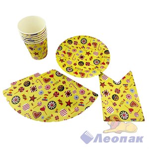 Набор бумажной посуды одноразовый ЛЕДЕНЦЫ (6 тар., 6 ст., 6 колпаков, 1 гирлянда) (50 уп) Ф-003
