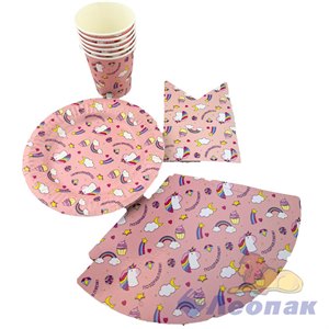 Набор бумажной посуды одноразовый ЕДИНОРОГ (6 тар., 6 ст., 6 колпаков, 1 гирлянда) (50 уп) Ф-008