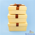 Набор подарочных коробок 3в1 с бантом (210*210*110) РОГОЖКА песоч-беж тисн.бумага, лента шоколад - фото 21536